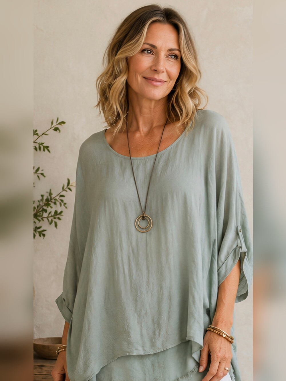 Gigi Moda Italian 100% Silk  Sage Green Layered Tunic Top Sz L  Lagenlook